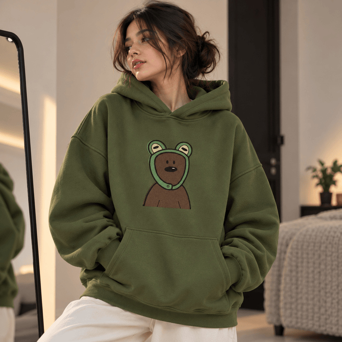 Olive Green Bear Graphic Oversized Hoodie | TEEZO
