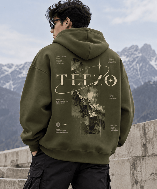 TEEZO olive green oversized graphic hoodie with mountain and cosmic streetwear design