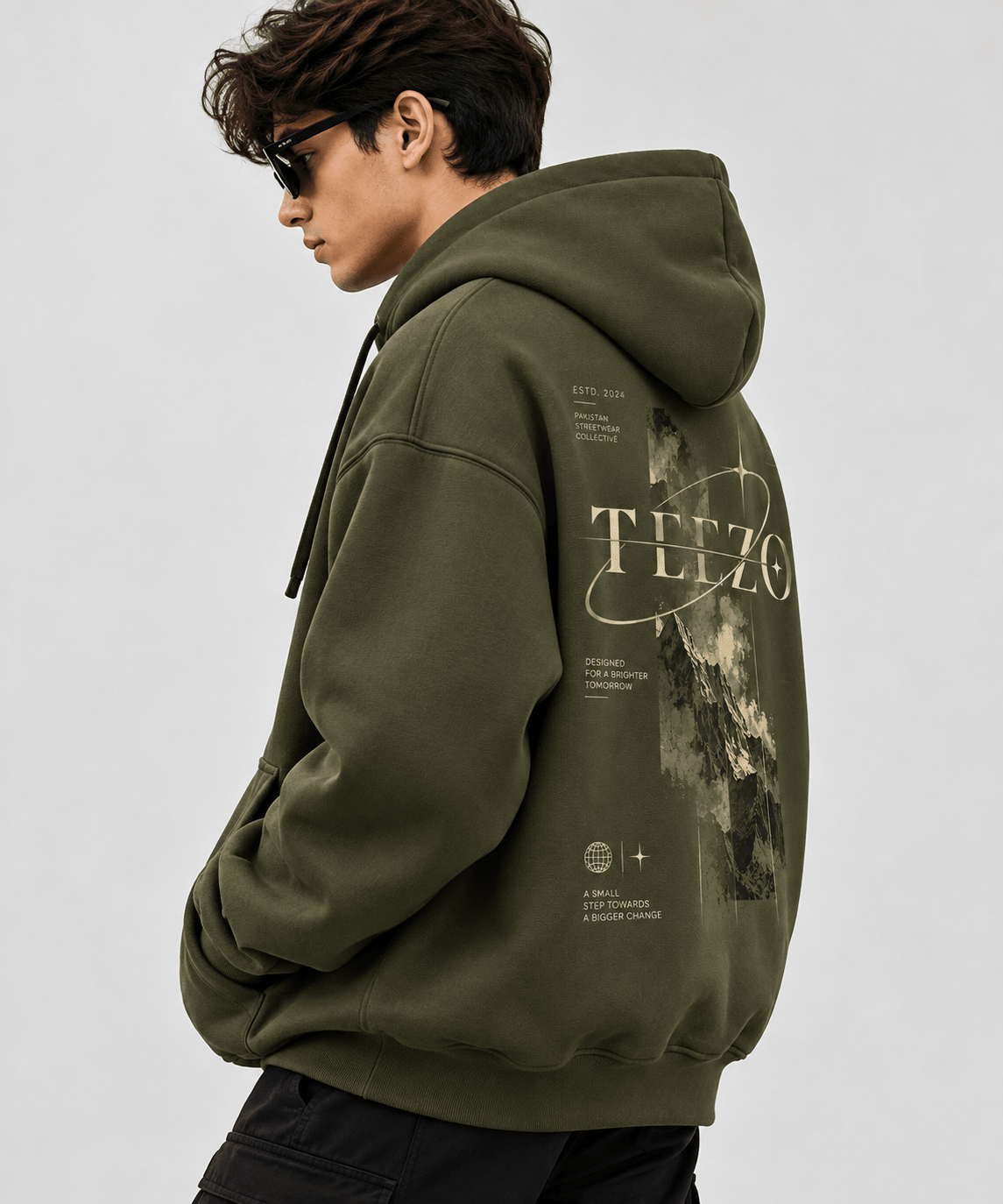 TEEZO olive green oversized graphic hoodie with mountain and cosmic streetwear design