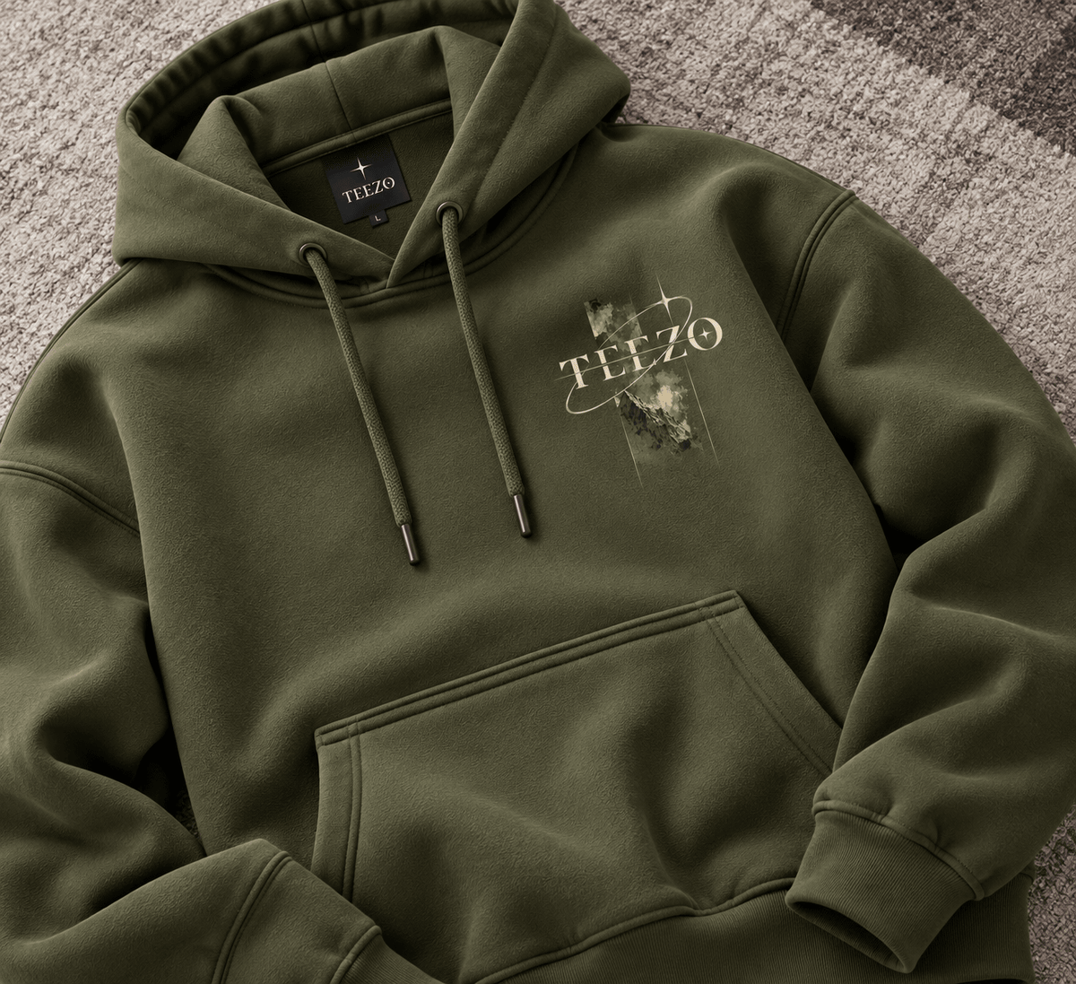 TEEZO olive green oversized graphic hoodie with mountain and cosmic streetwear design