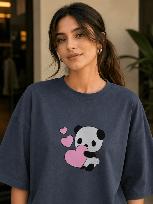 Dark blueish grey oversized T-shirt with panda and pink heart print – TEEZO