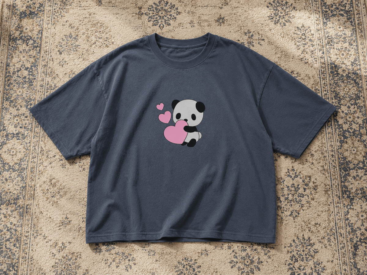 Dark blueish grey oversized T-shirt with panda and pink heart print – TEEZO