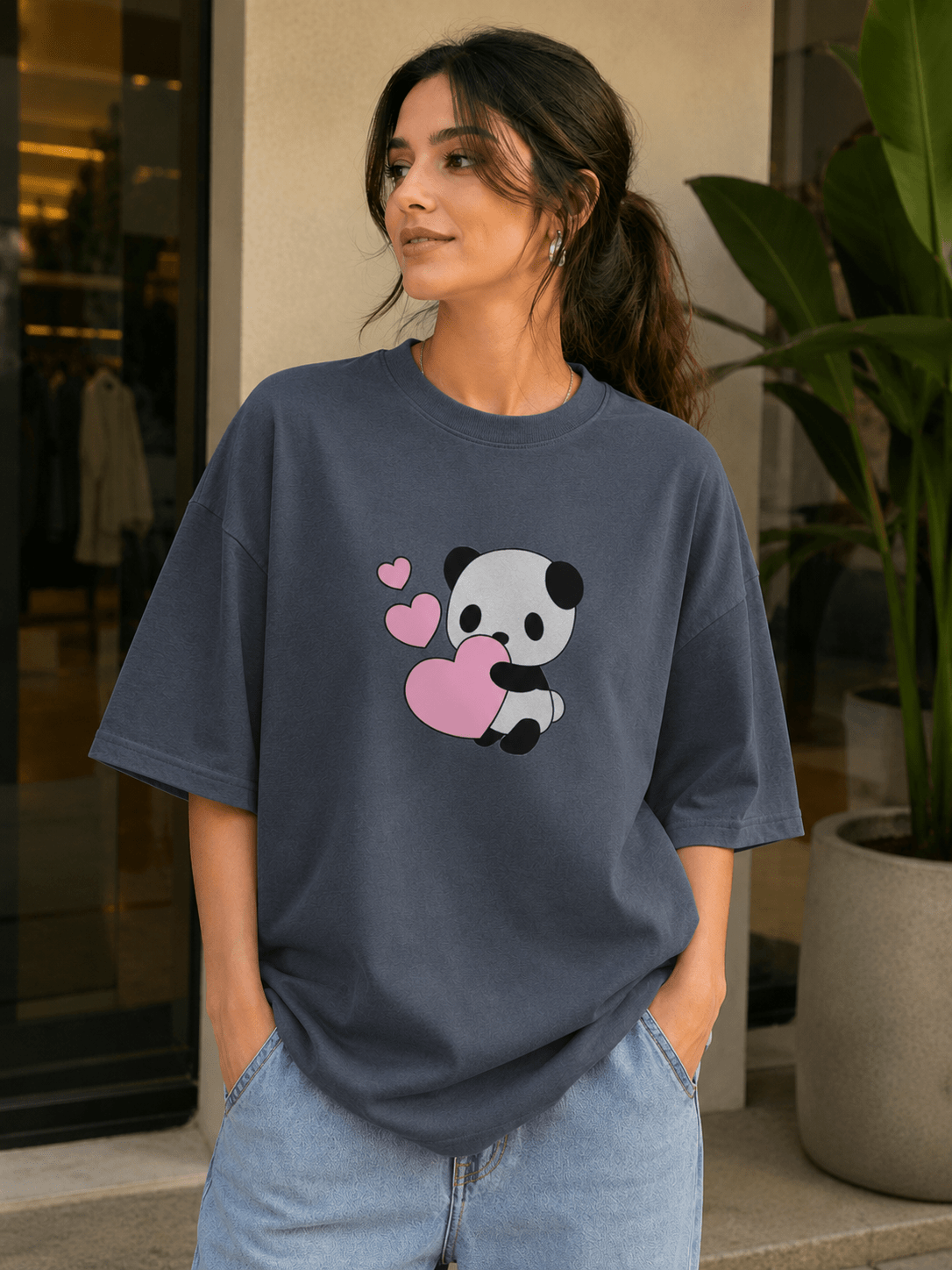 Dark blueish grey oversized T-shirt with panda and pink heart print – TEEZO