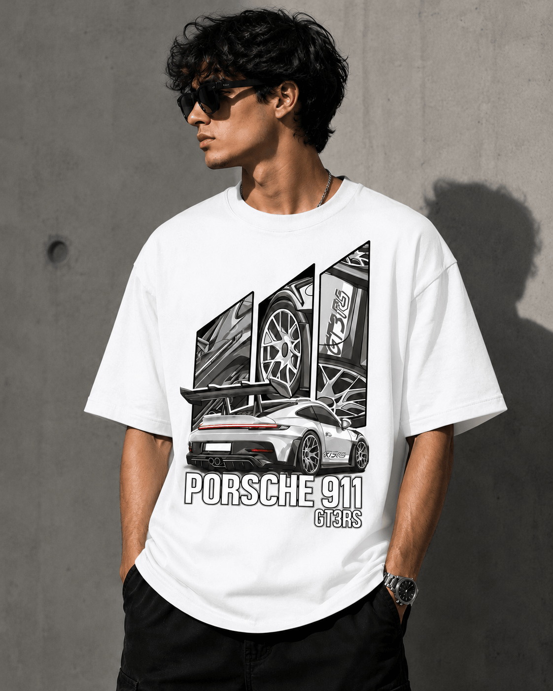 Porshe 911 (White) oversized drop shoulder T-shirt by TEEZO Pakistan