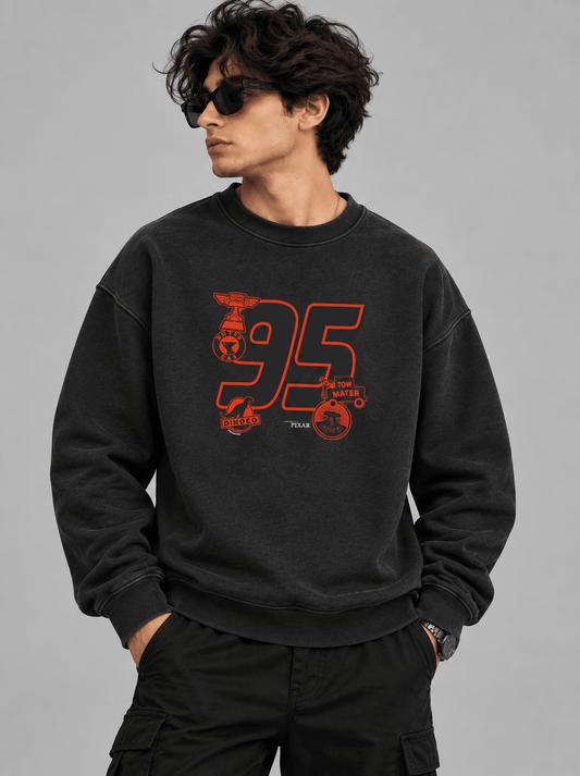 TEEZO Racing 95 oversized sweatshirt in washed black with red racing-inspired graphic, styled with black cargo pants