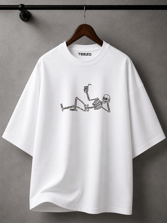 White oversized cotton T-shirt featuring a relaxed skeleton graphic for unisex streetwear.
