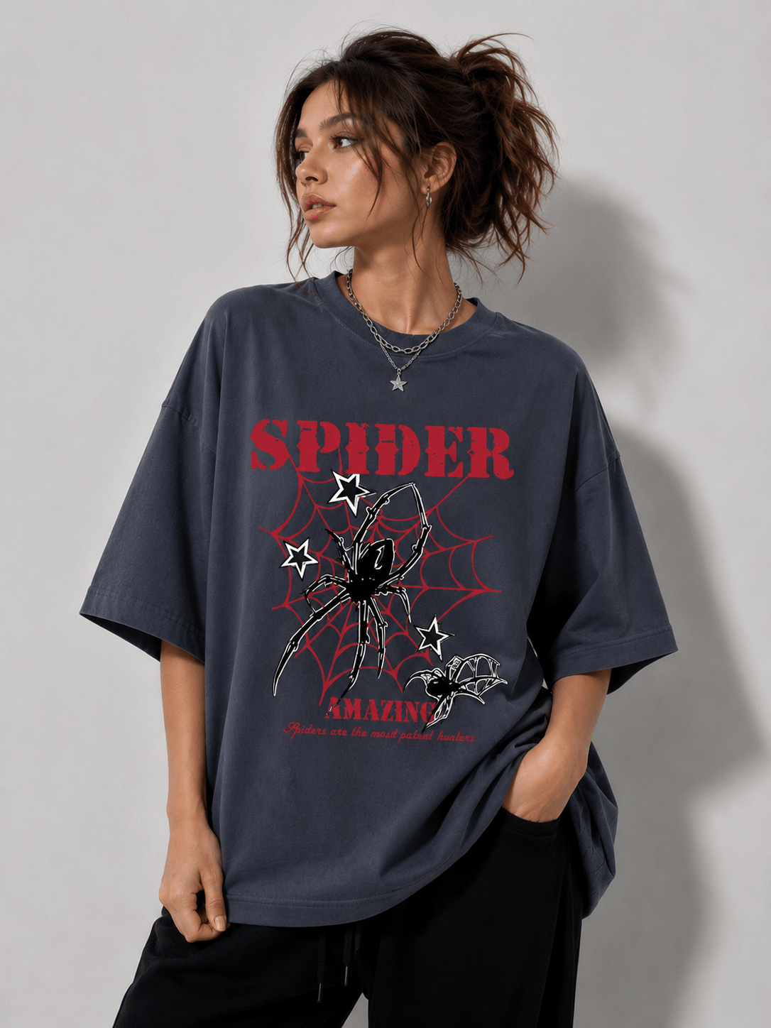 TEEZO Spider oversized drop shoulder graphic T-shirt in grey
