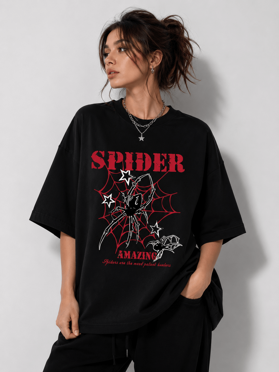 TEEZO Spider oversized drop shoulder graphic T-shirt in black