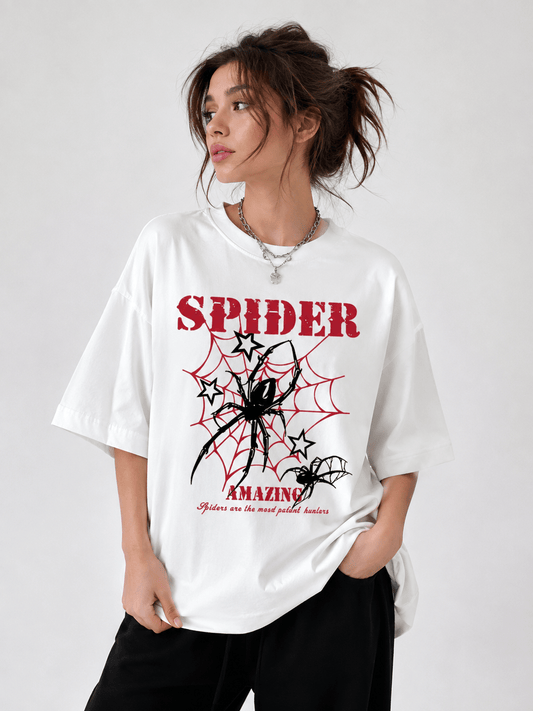 TEEZO Spider oversized drop shoulder graphic T-shirt in white