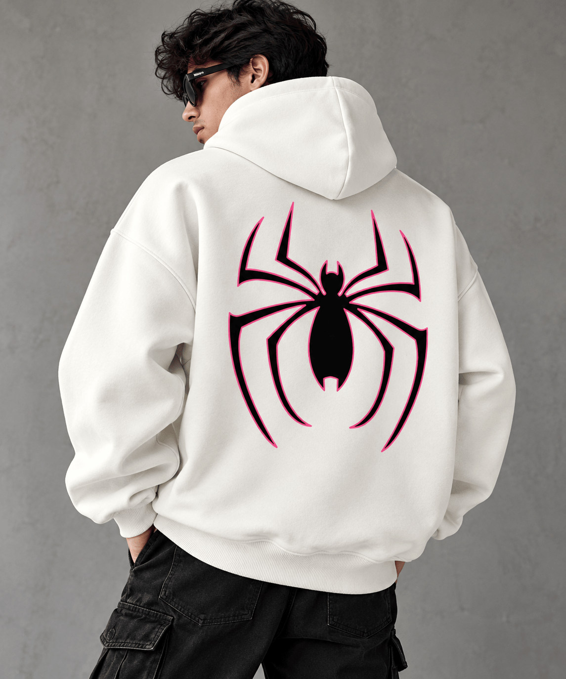 TEEZO off white oversized hoodie with black and pink spider graphic back print