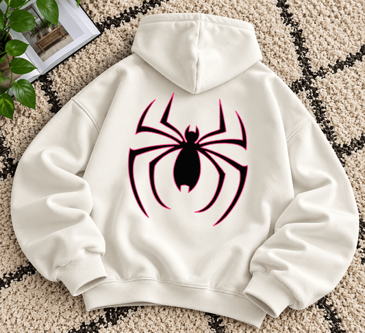 TEEZO off white oversized hoodie with black and pink spider graphic back print