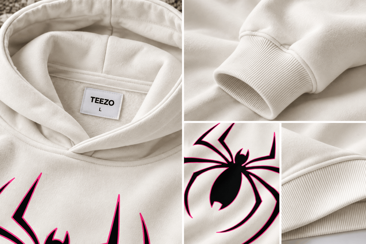 TEEZO off white oversized hoodie with black and pink spider graphic back print