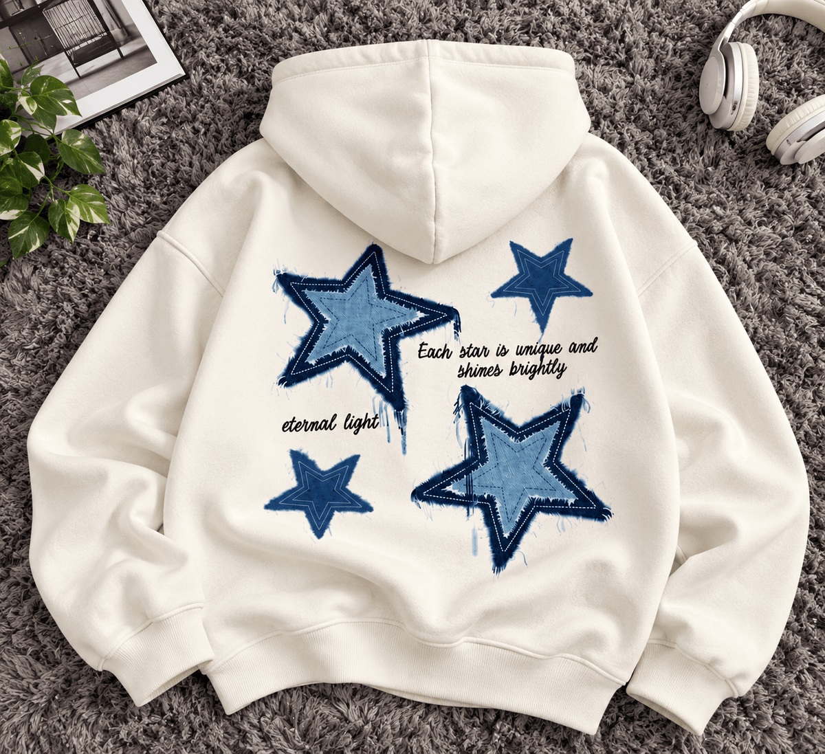 TEEZO off white Starry Denim Oversized Hoodie with Blue Star Graphic Back Print