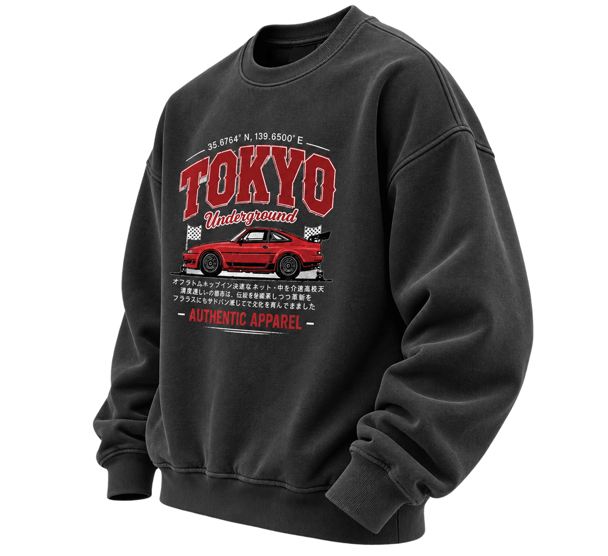 TEEZO Black Tokyo Underground Oversized Graphic Sweatshirt with Red Japanese Sports Car