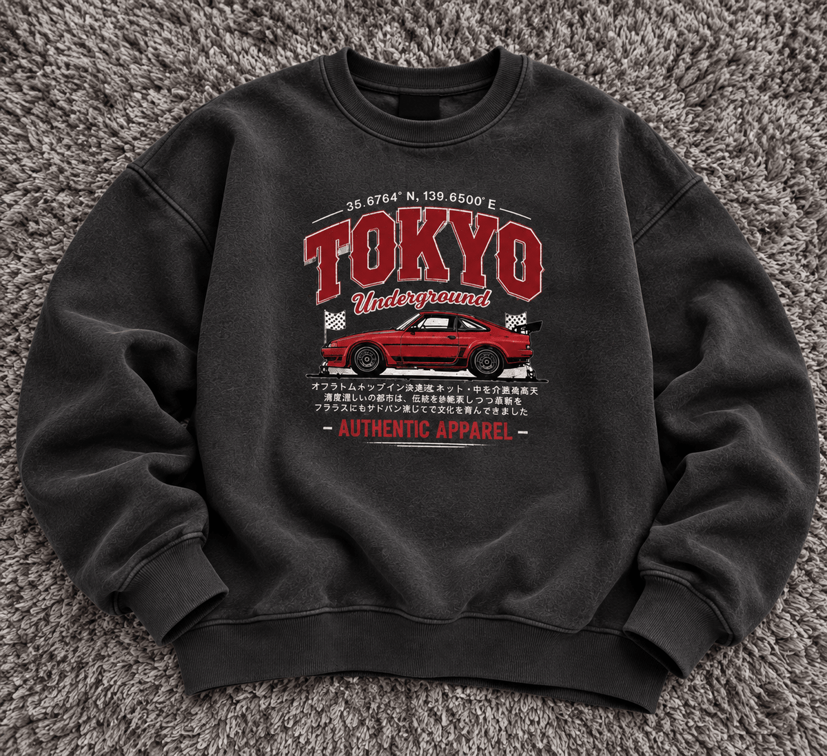 TEEZO Black Tokyo Underground Oversized Graphic Sweatshirt with Red Japanese Sports Car