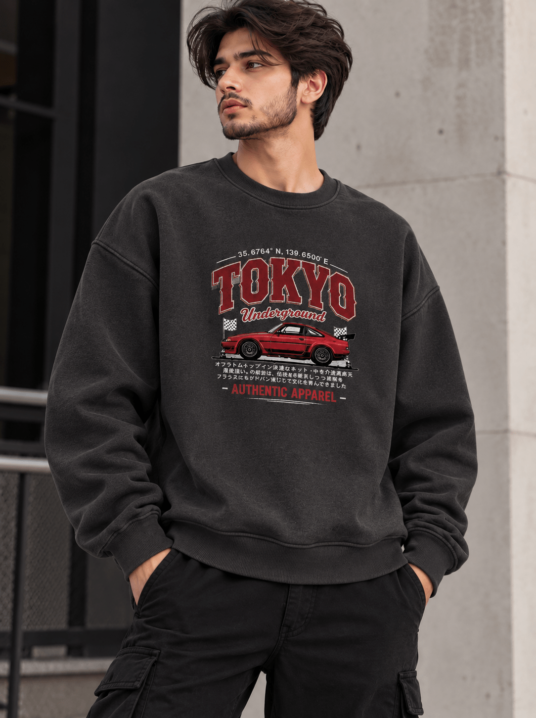 TEEZO Black Tokyo Underground Oversized Graphic Sweatshirt with Red Japanese Sports Car