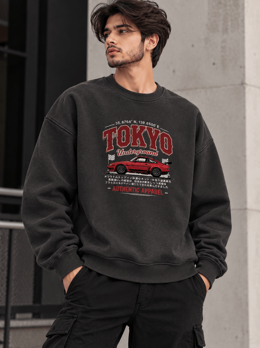 TEEZO Black Tokyo Underground Oversized Graphic Sweatshirt with Red Japanese Sports Car