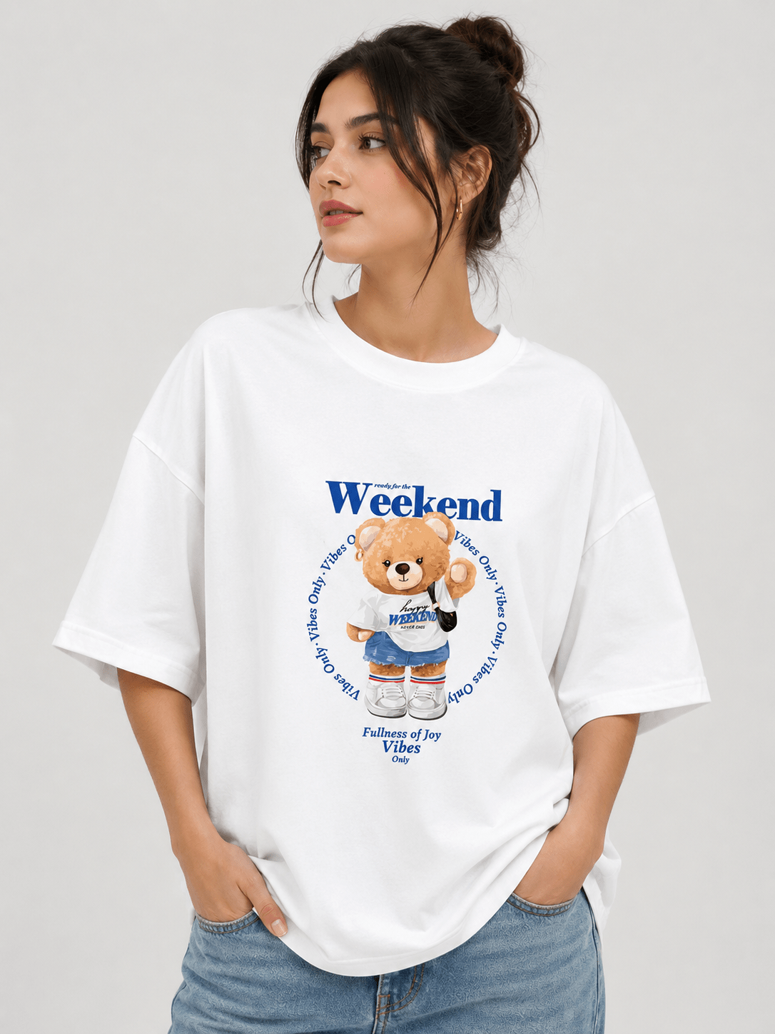TEEZO Weekend Vibes teddy bear oversized drop shoulder t-shirt in white
