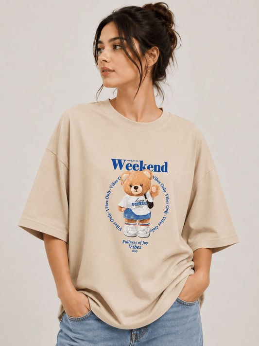 TEEZO Weekend Vibes teddy bear oversized drop shoulder t-shirt in beige