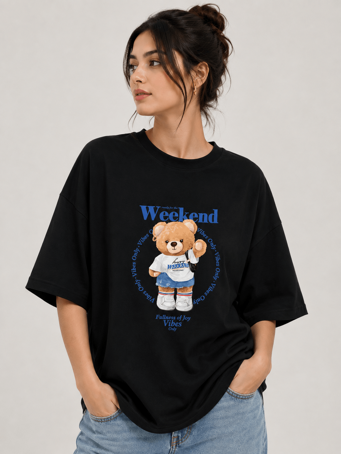 TEEZO Weekend Vibes teddy bear oversized drop shoulder t-shirt in black