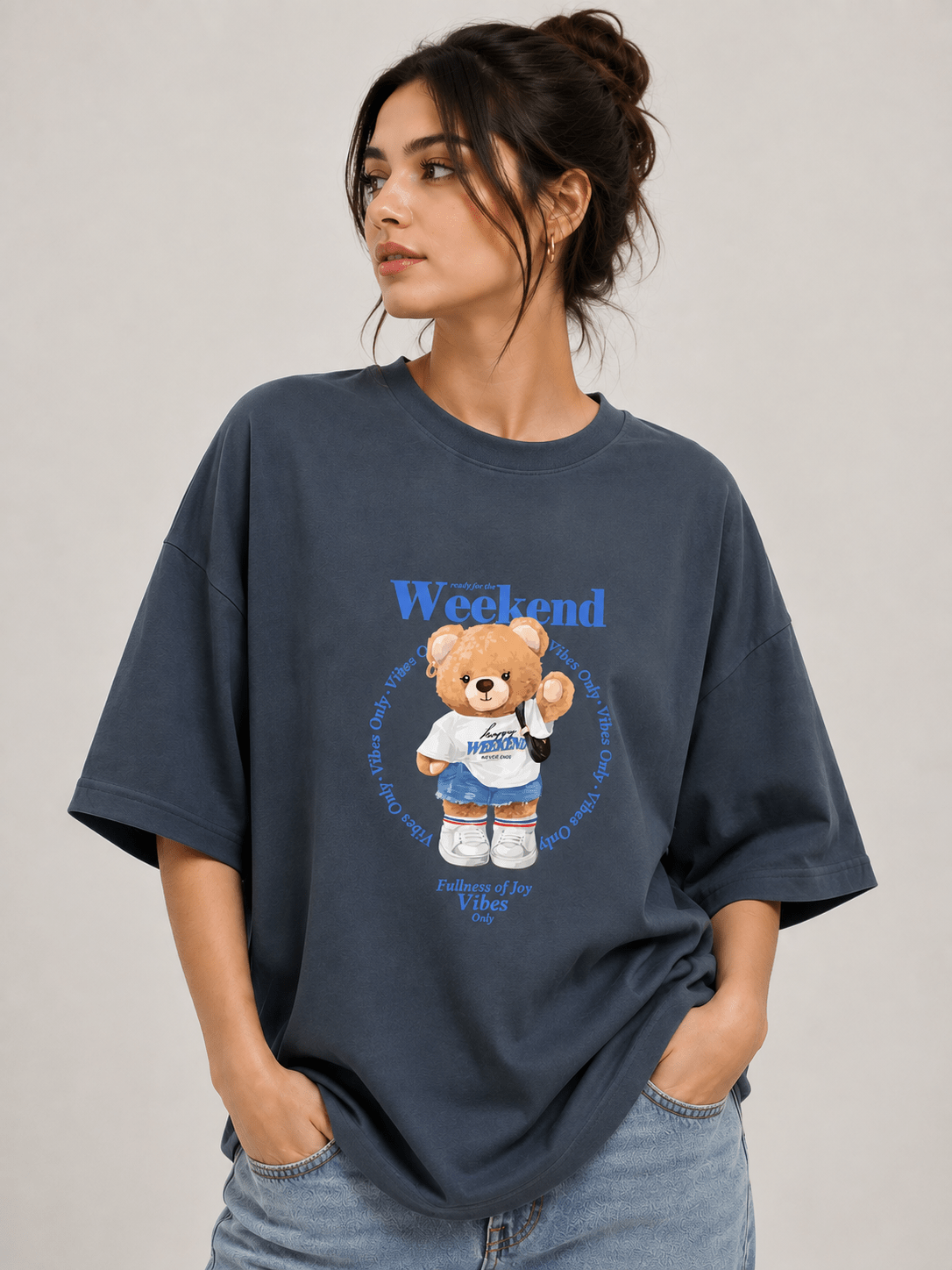 TEEZO Weekend Vibes teddy bear oversized drop shoulder t-shirt in gray