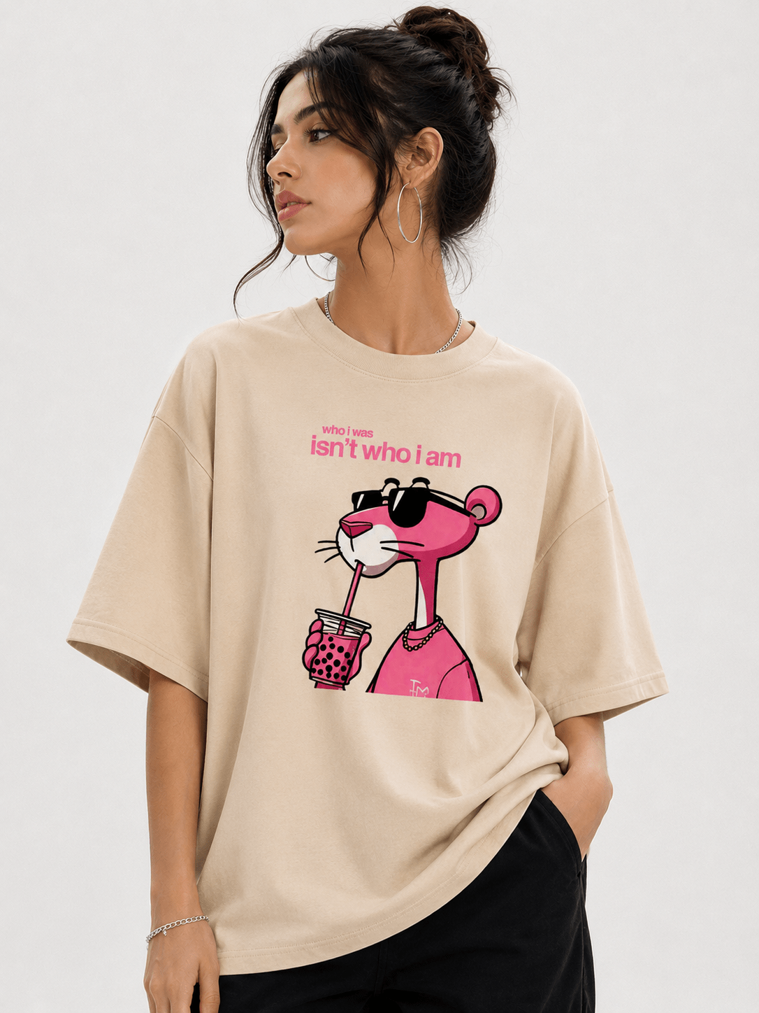 Who I Was Isn’t Who I Am oversized drop shoulder graphic t-shirt in beige