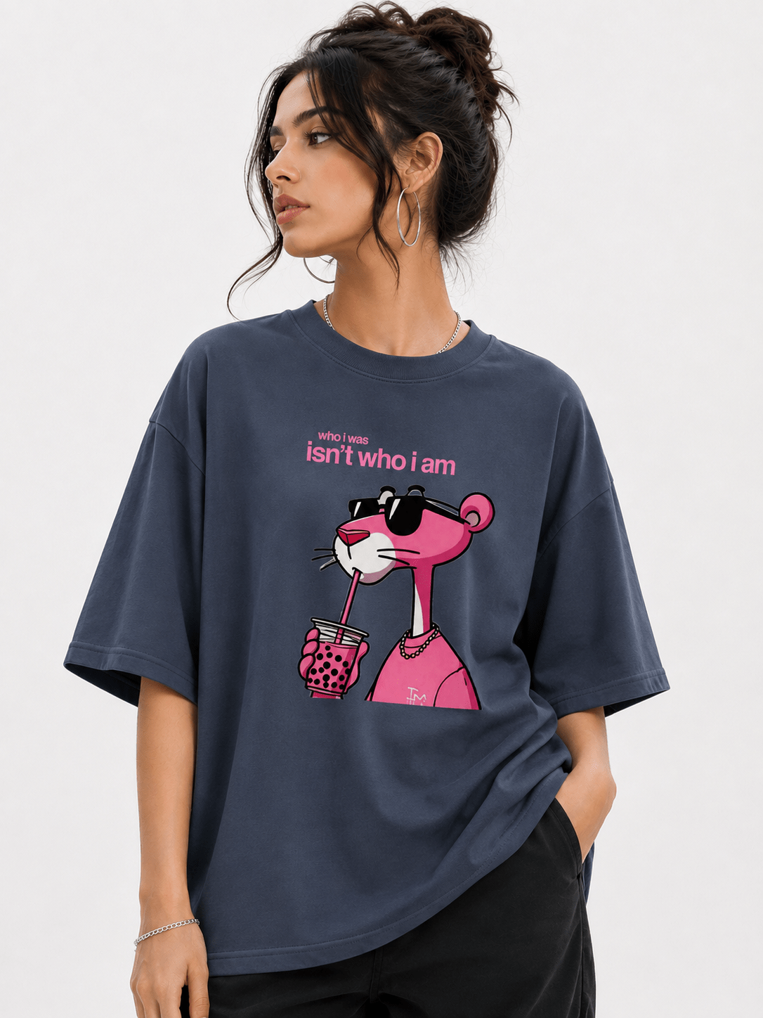 Who I Was Isn’t Who I Am oversized drop shoulder graphic t-shirt in grey