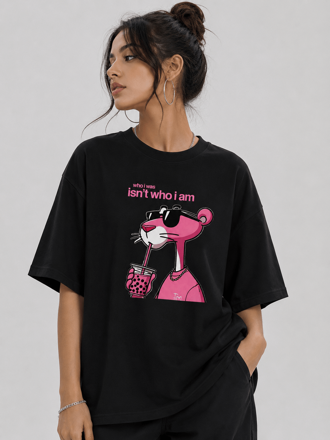 Who I Was Isn’t Who I Am oversized drop shoulder graphic t-shirt in black