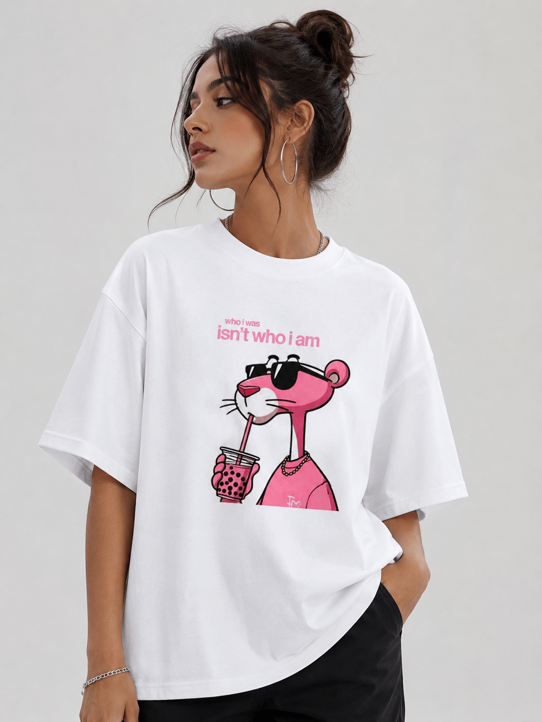 Who I Was Isn’t Who I Am oversized drop shoulder graphic t-shirt in white