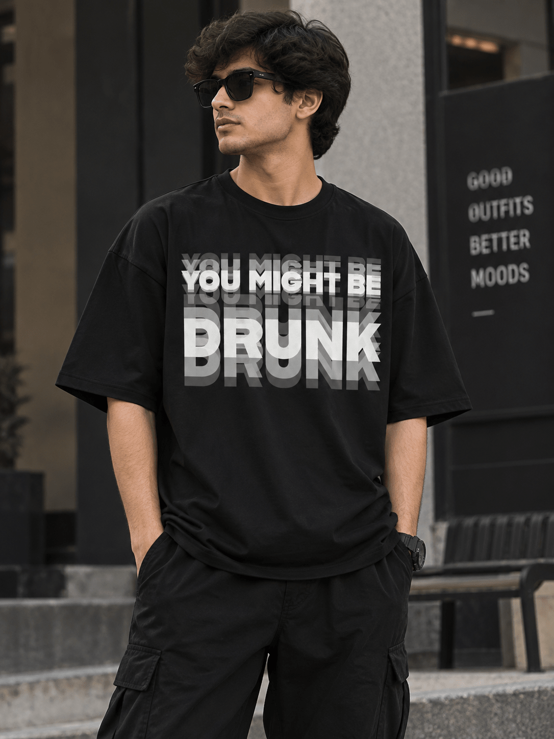 TEEZO You Might Be Drunk black oversized drop shoulder T-shirt on rug